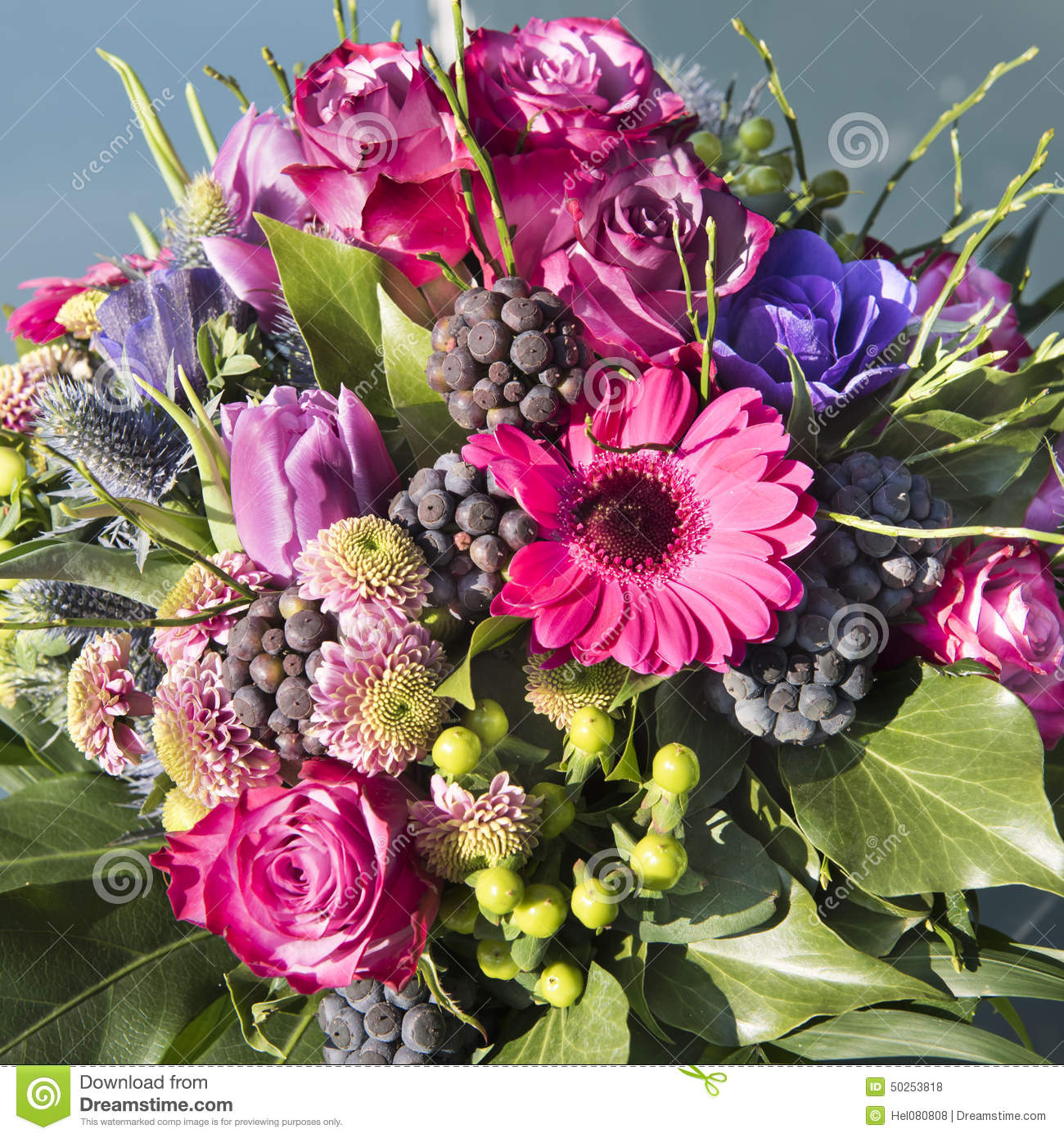 Bouquet With Pink Roses Tulips Gerbera And Violet Anemones 