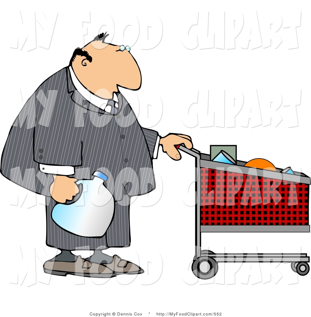 Clipart Of A Businessman Pushing A Full Shopping Cart In A Grocery