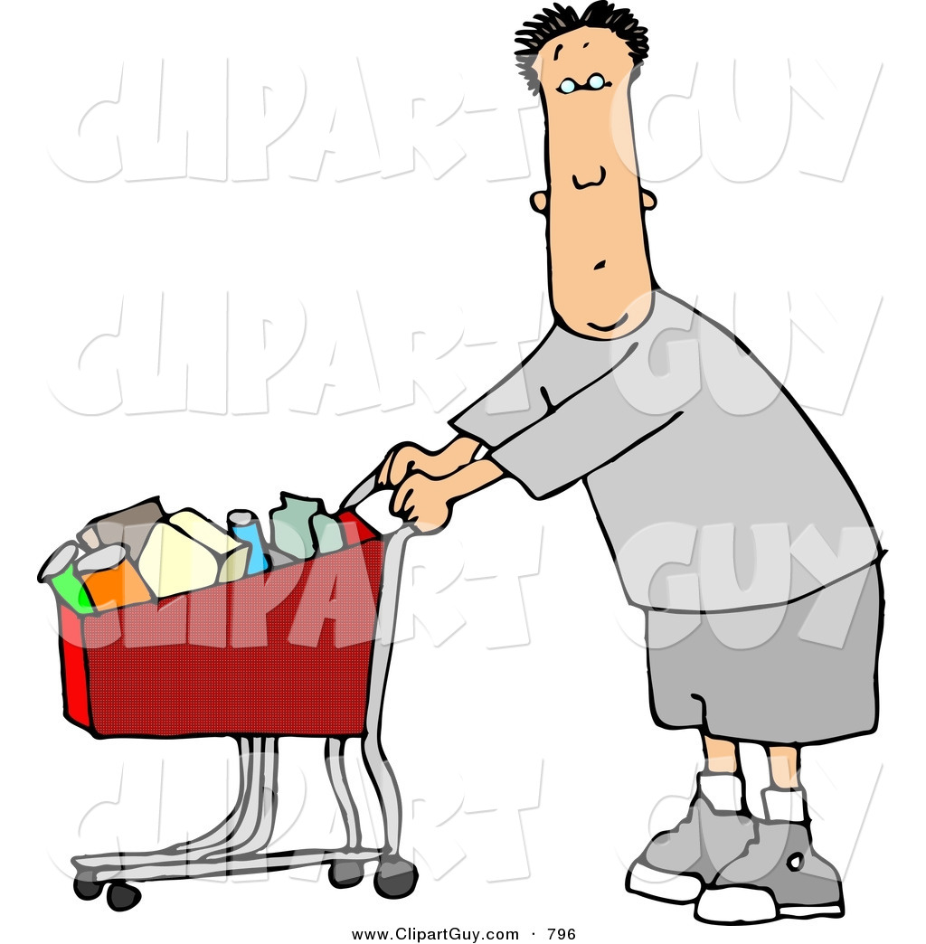 Clipart Of A Businessman Pushing A Full Shopping Cart In A Grocery