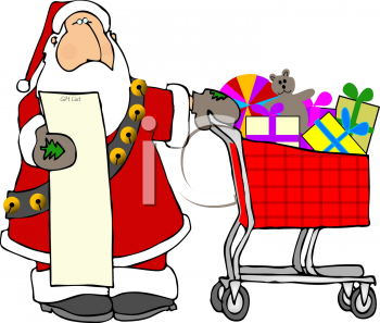 Clipart Picture Of Santa Claus With A Shopping Cart Full Of Toys