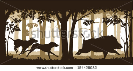 Illustration Of Two Hunting Dogs Chasing A Wild Boar In Deep Forest
