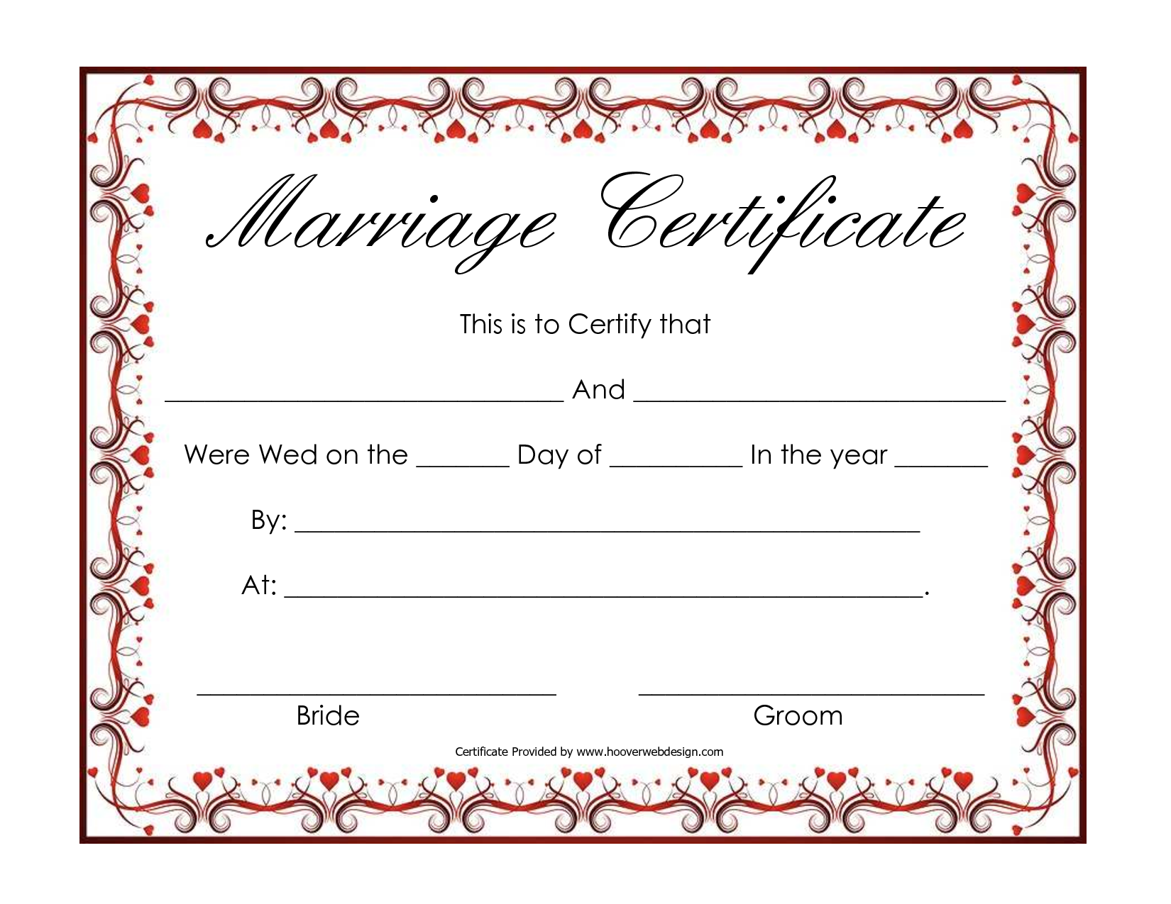 Printable Marriage Certificate Hearts