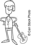 Rock Man With Guitar Coloring Page   Black And White Cartoon   