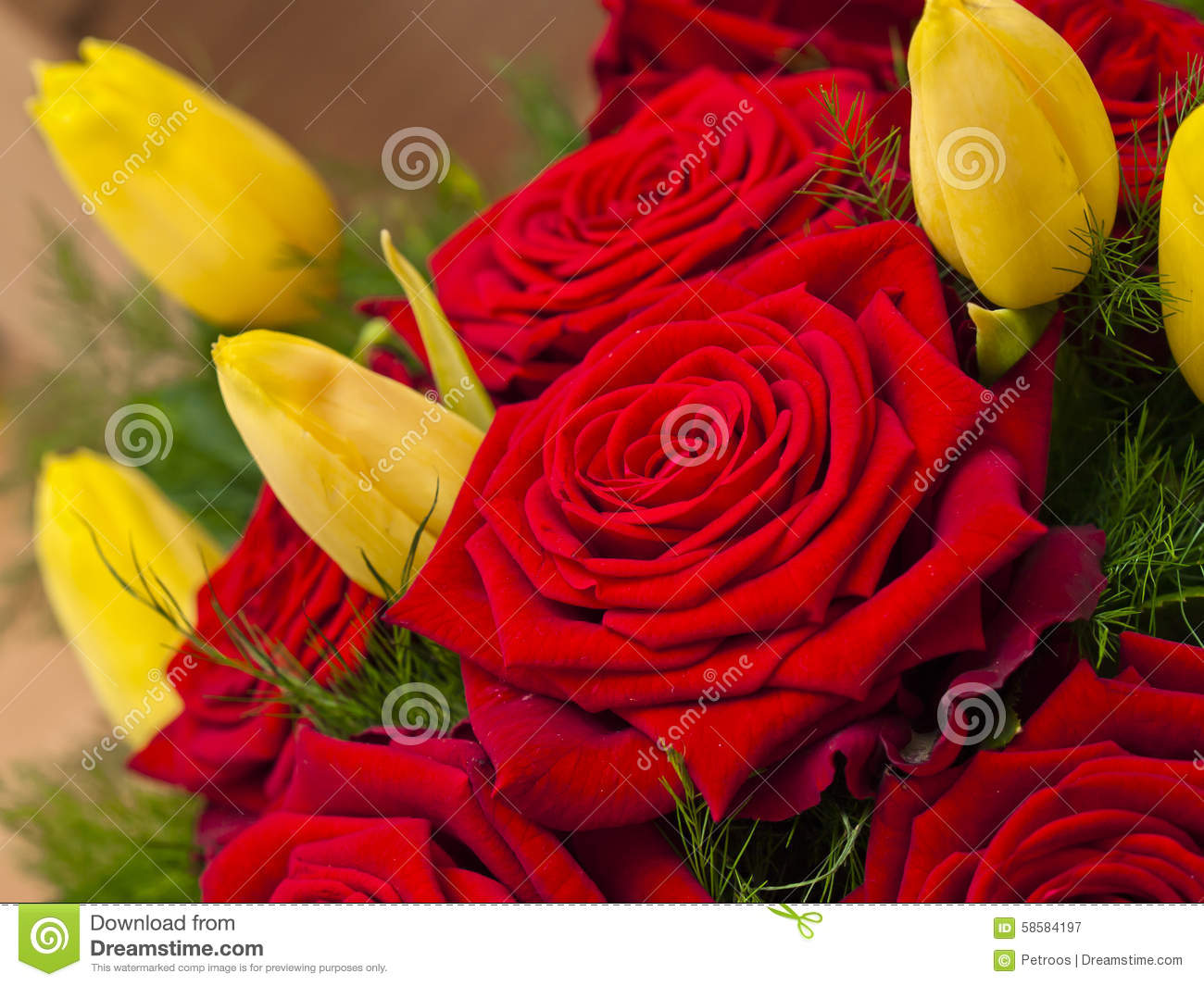 Stock Photo  Bouquet Of Red Roses And Yellow Tulips