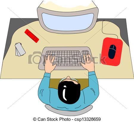 Clipart Vector Of At The Computer Table   View From The Top Of Work
