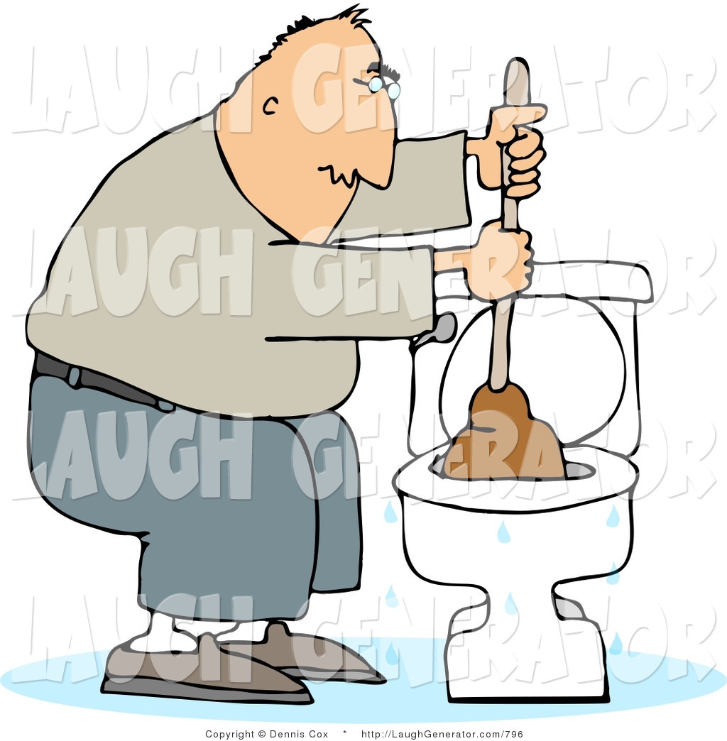 Humorous Clip Art Of A Man Plunging An Overflowing Toilet By Djart
