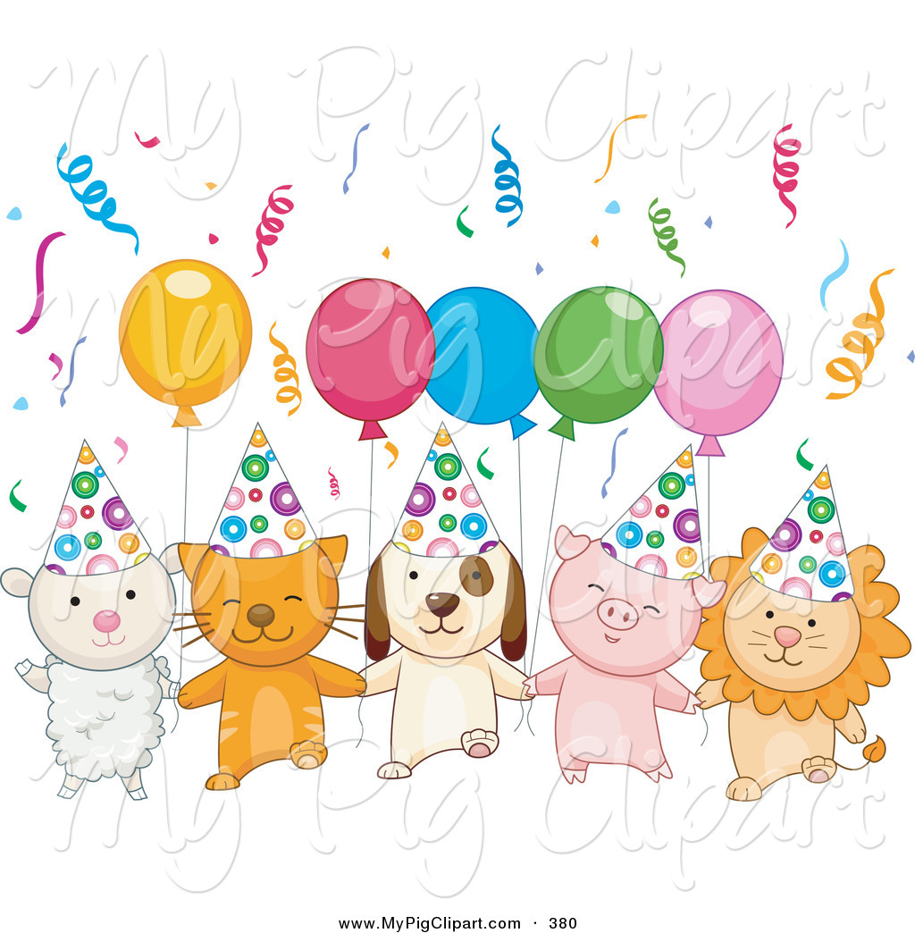 Piglet And Lion With Birthday Party Balloons And Confetti On White