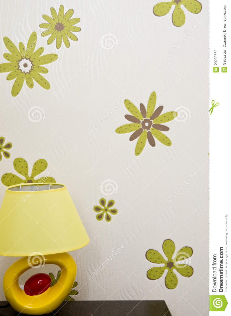Room With Modern Ceramic Table Lamp And Wallpaper With Big Flowers