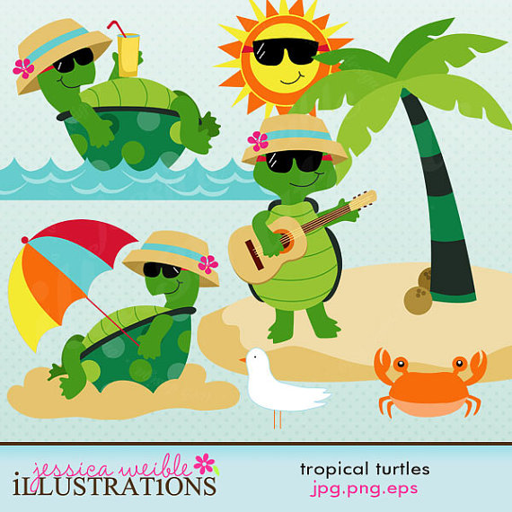 Tropical Turtles Cute Digital Clipart For Card Design Scrapbooking