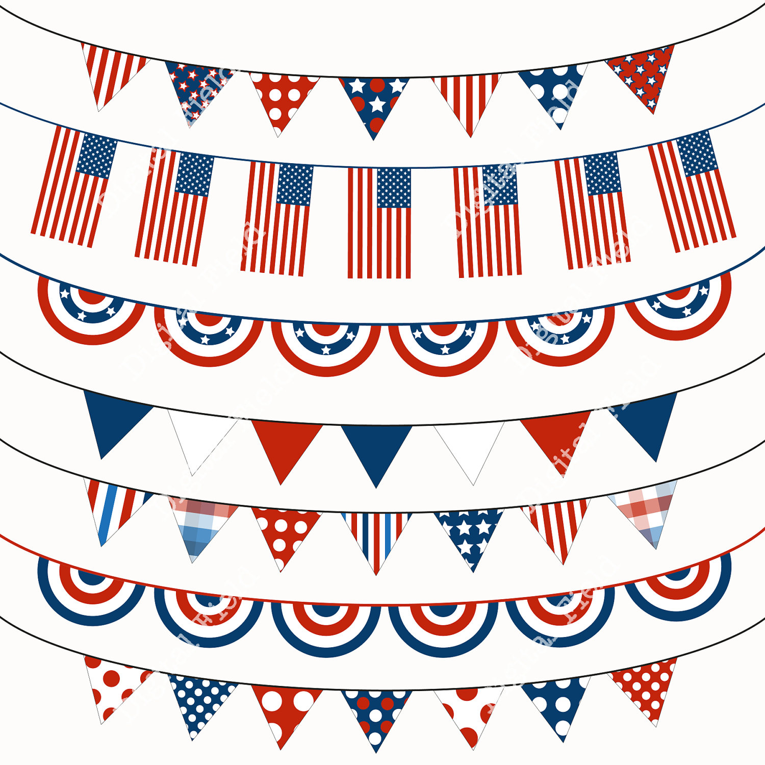 4th Of July Bunting Clip Art Set Blue White Red By Digitalfield