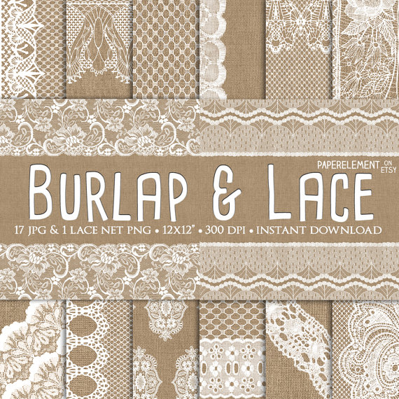 Burlap And Lace Digital Paper  Burlap Wedding Invitation Paper Lace    