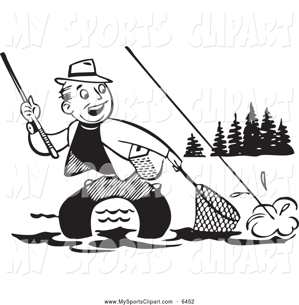 Clip Art Of A Black And White Man Wading And Catching A Fish In A Net