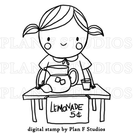 Olivia  July  Lemonade Stand Digital Stamp   Black And White Jpg Image