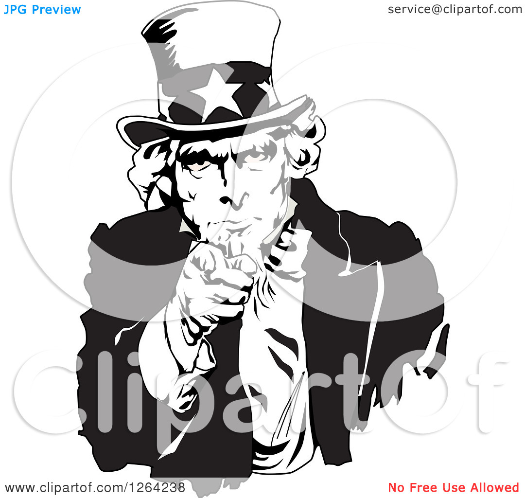 Clipart Of A Black And White Uncle Sam Pointing Outwards   Royalty    