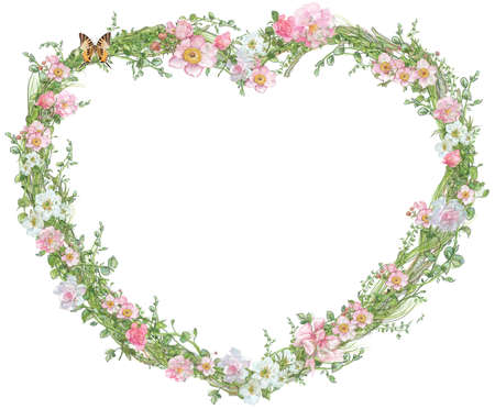 Heart Shaped Floral Frame With Pink Flowers And Butterfly