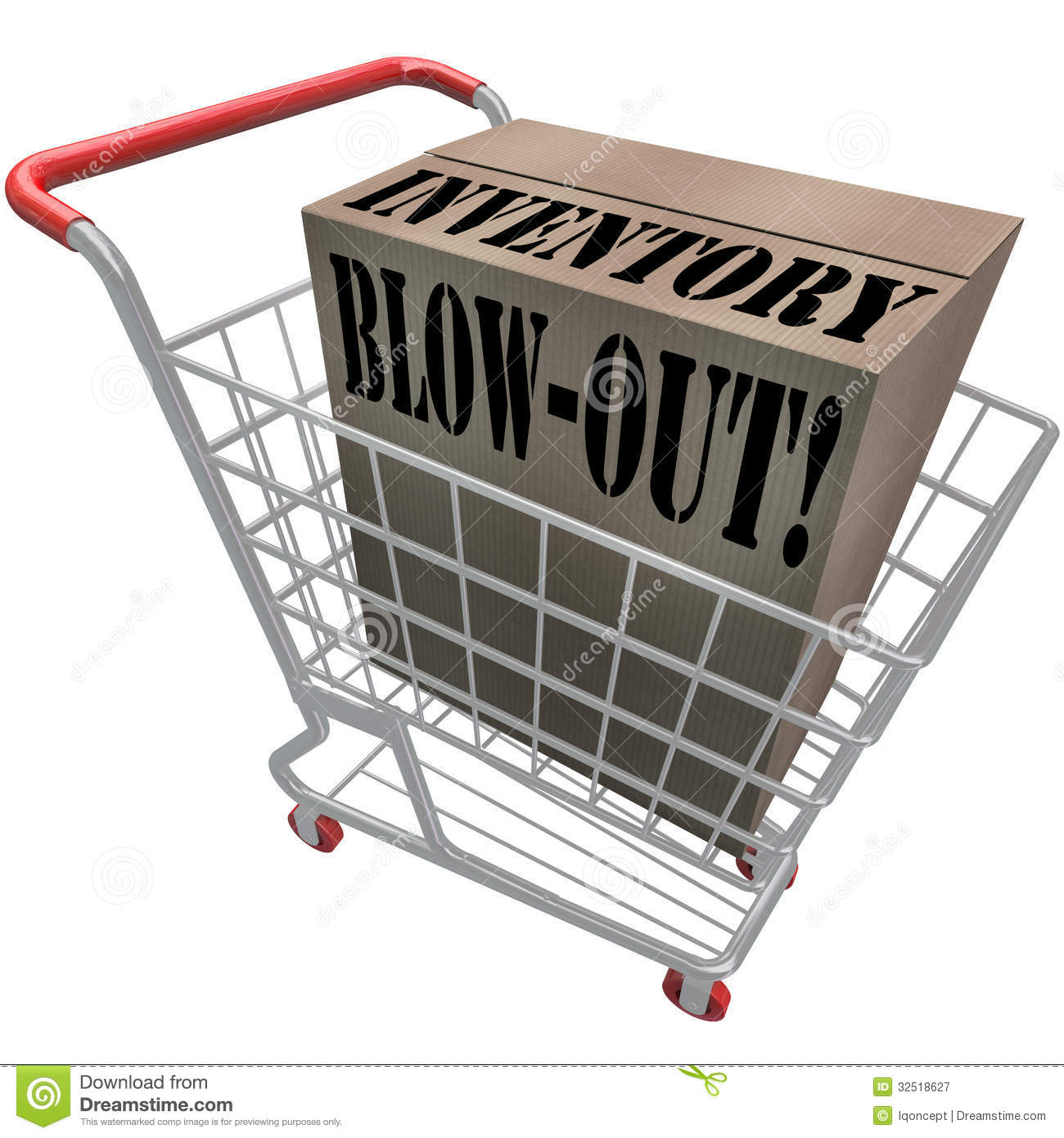 Inventory Blowout Words Cardboard Box Shopping Cart Blow Out Royalty