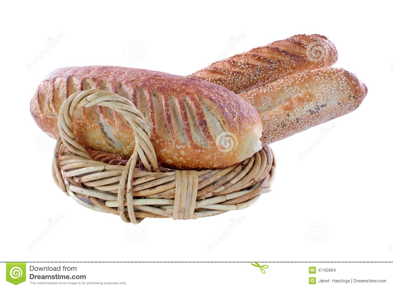 Loaves Of Sour Dough Bread In A Wicker Basket Isolated On White