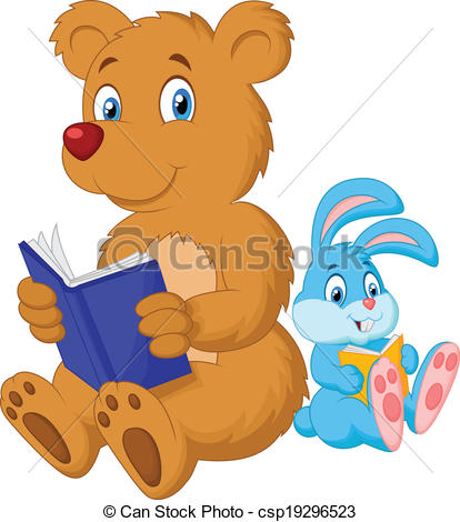 Vector Illustration Of Cartoon Bear And Rabbit Reading Boo   Vector