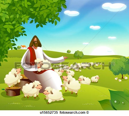 Stock Illustration   Jesus Christ Sitting With A Flock Of Sheep