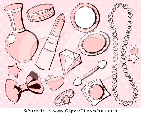 1089871 Clipart Pink Girly Makeup And Accesories Over Polka Dots