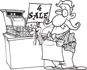Black And White Cartoon Of A Sales Clerk Holding A 4 Sale Sign By A    