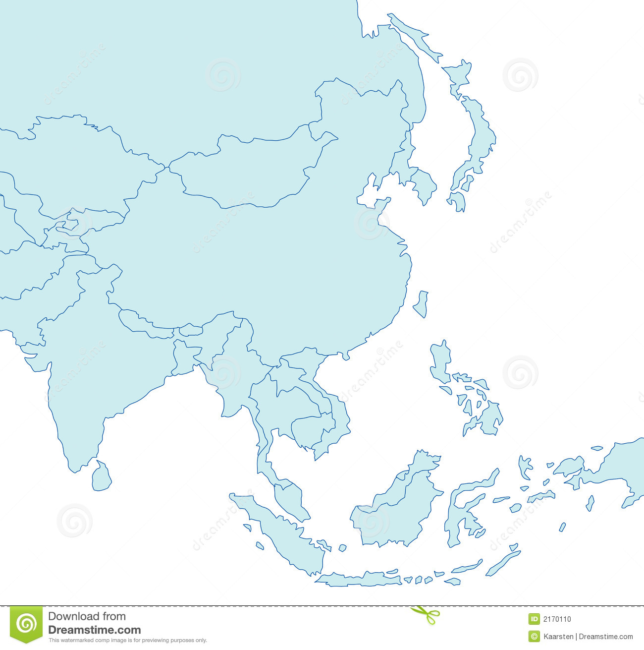 Blue Map Outlining The Borders Of Asian Countries