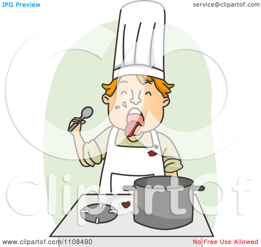 Clipart Disgusted Chef Tasting Food Over Green   Royalty Free Vector