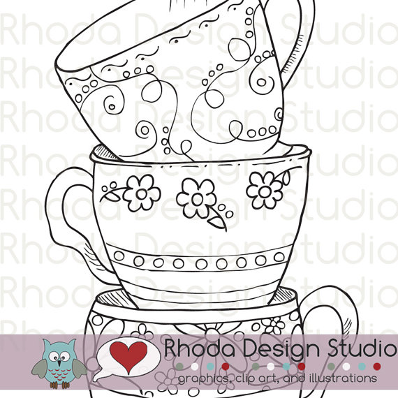 Stack Of Tea Cups Digital Clip Art Coloring Stamps