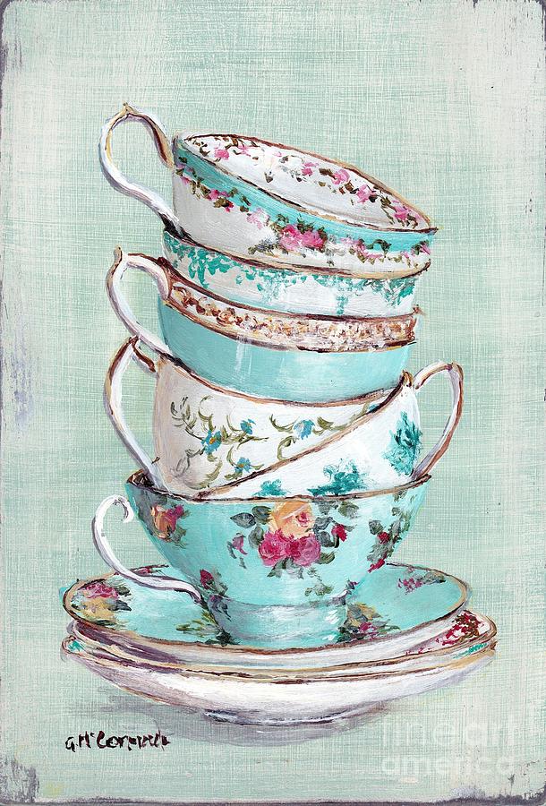 Stacked Aqua Themed Tea Cups Painting