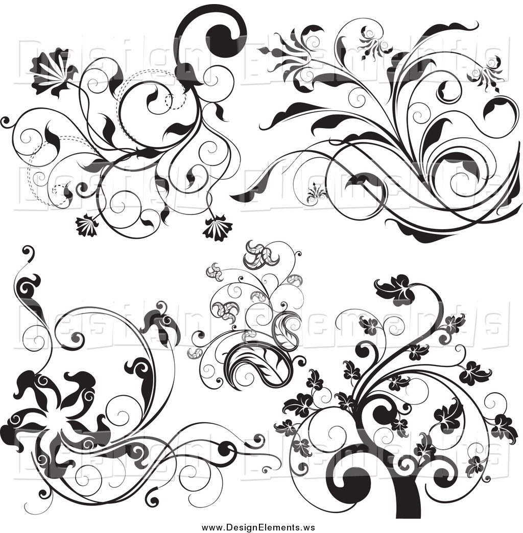 Clipart Of Black And White Elegant Vined Flowers Over White By    