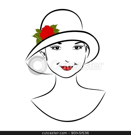 Vintage Girl Face In Hat With Rose Stock Vector Clipart Illustration