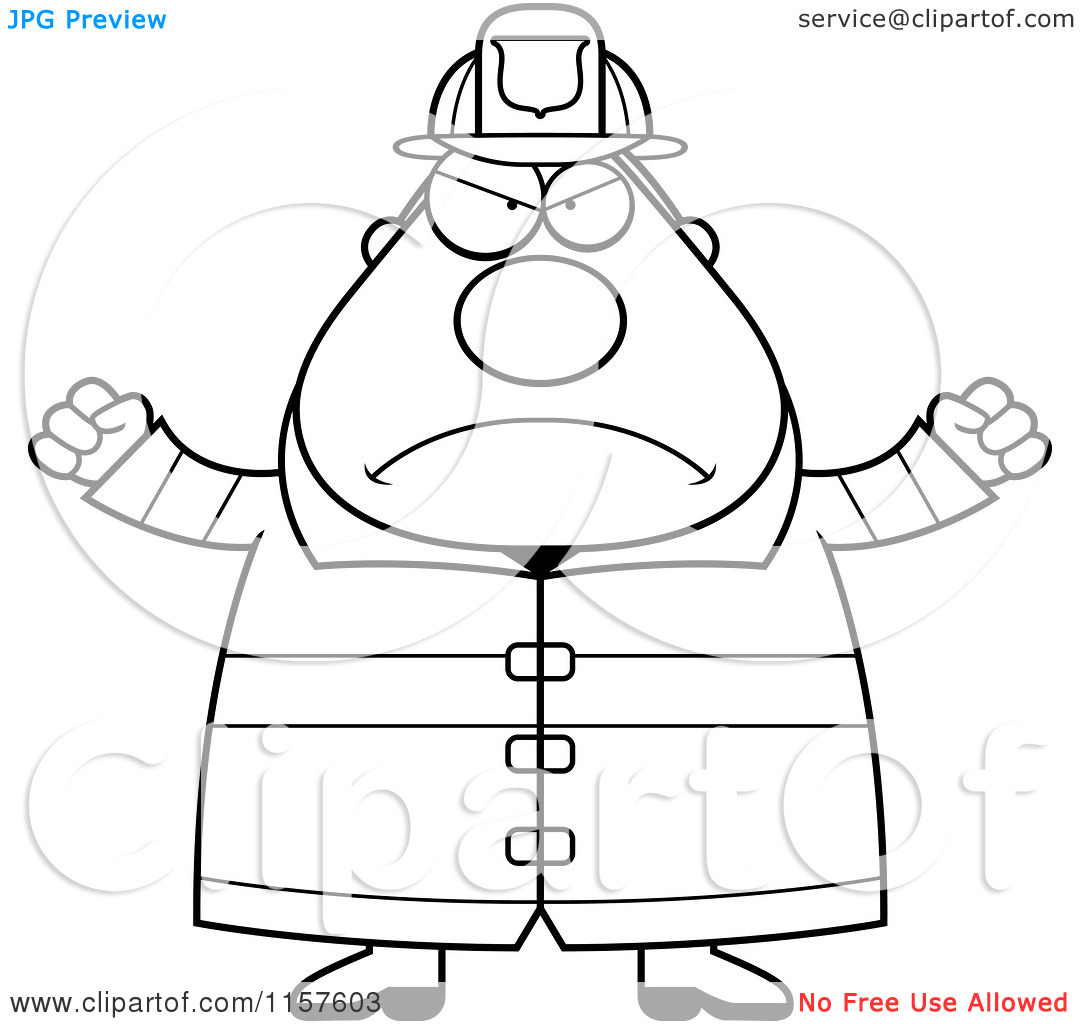 Cartoon Clipart Of A Black And White Pudgy Mad Fireman Vector Outlined    