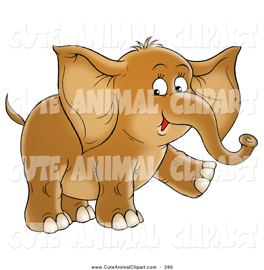 Clip Art Of A Happy And Cute Brown Baby Elephant Walking On A White