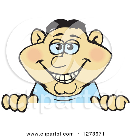 Clipart Of A Happy Asian Man Peeking Over A Sign   Royalty Free Vector