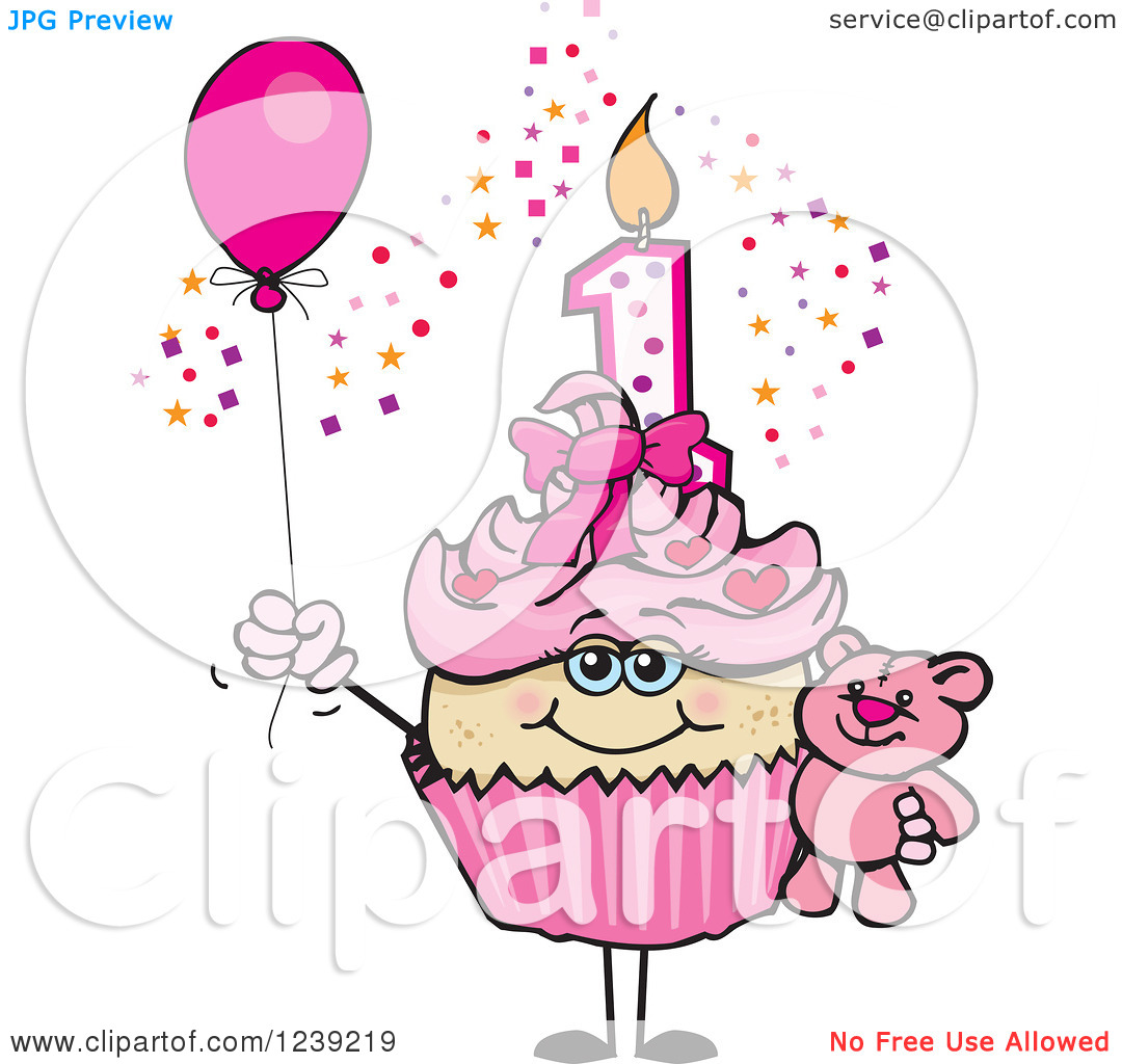 Clipart Of A Pink Girls Asian First Birthday Cupcake With A Teddy Bear