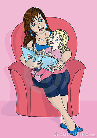 Illustration  Brunette Mother With Her Little Blond Daughter Reading