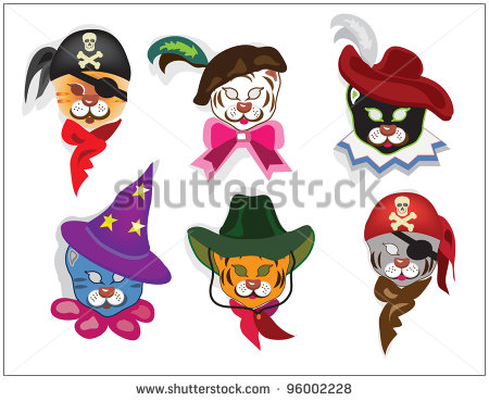 Purim Six Faces Of Cats In The Carnivals Hats On The White Background