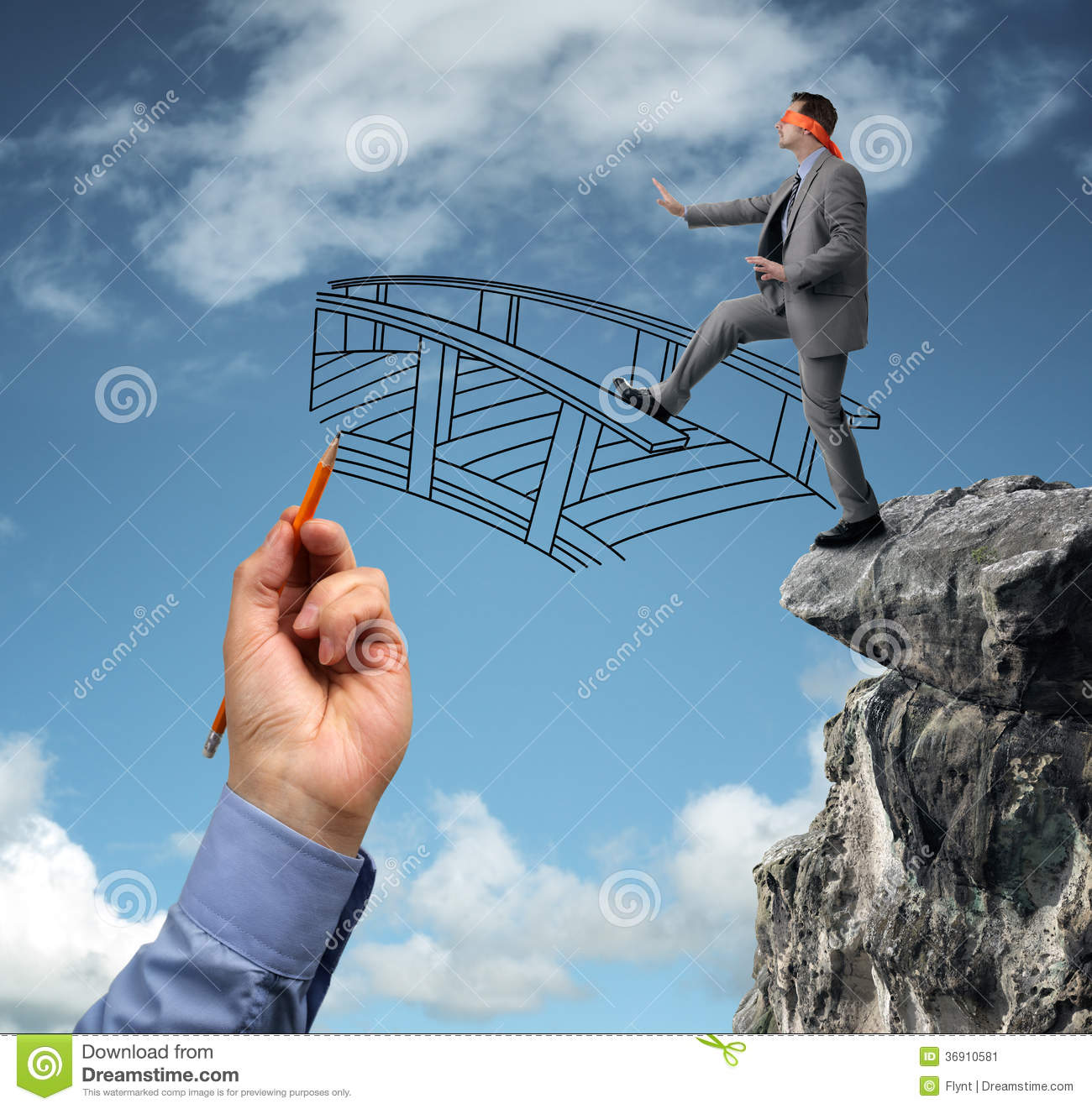 Businessman In A Blindfold Stepping Off A Cliff Ledge With Giant Hand