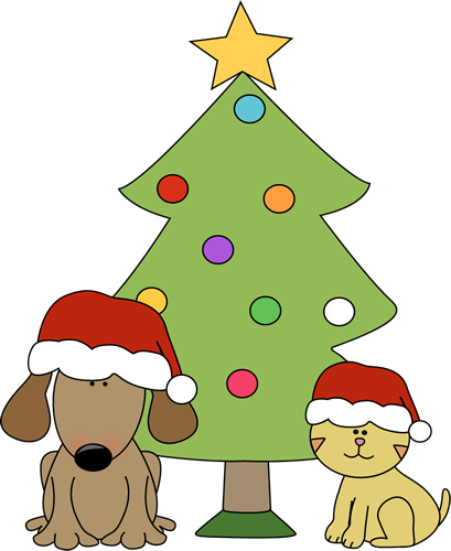 Christmas Dog And Cat In Front Of Tree Clip Art   Cute Christmas Dog
