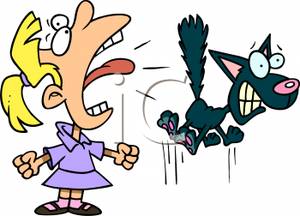 Girl Screaming And Frightening Her Cat   Royalty Free Clipart Picture