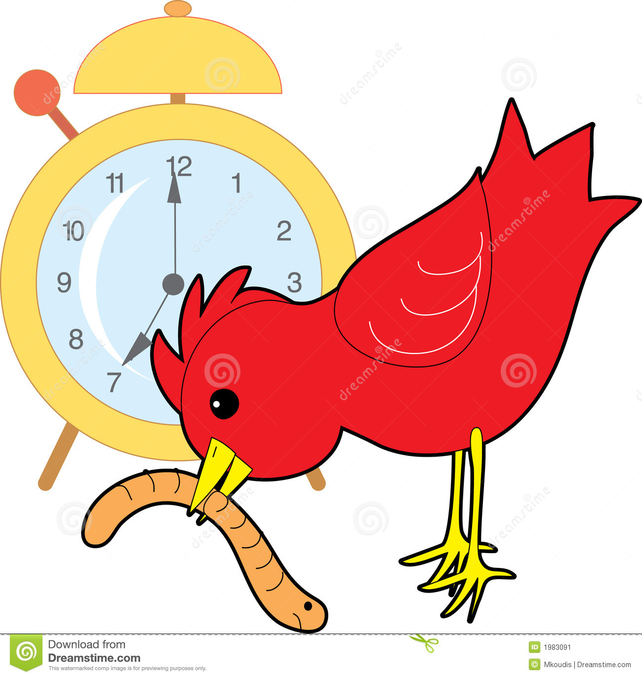 Red Bird Catching A Worm With An Alarm Clock In The Background