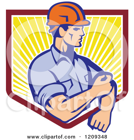 Retro Construction Worker Rolling Up His Sleeves Over A Sunny Shield