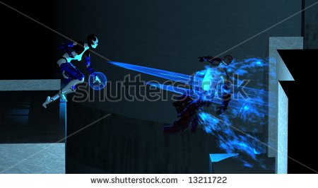 Soldier Blasts Her Enemy Off Building Ledge In Presuit   Stock Photo