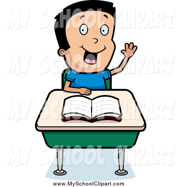Clip Art Of A Smart Happy School Boy Raising His Hand At A Desk