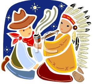 Cowboy And Indian Smoking A Peace Pipe   Royalty Free Clipart Picture