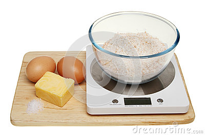 Eggs Butter Salt And Flour On A Weighing Scale Isolated Against White