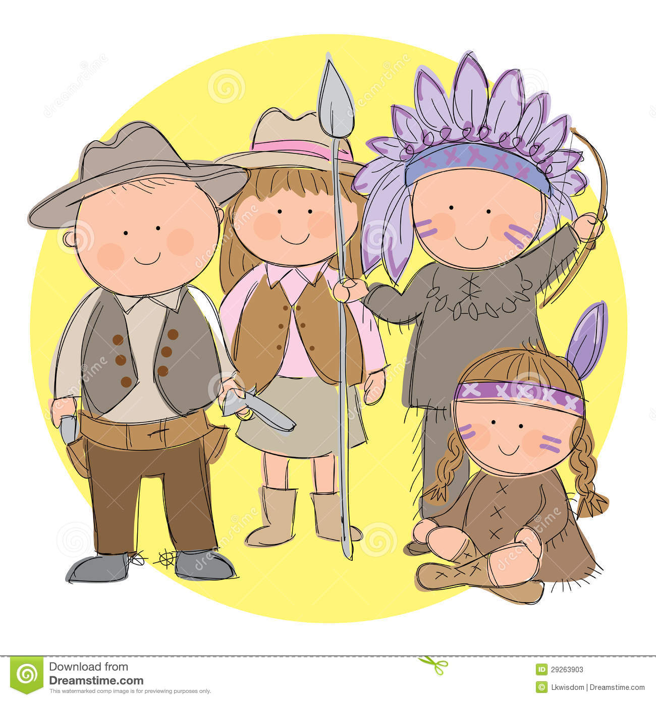 Hand Drawn Picture Of Children Dressed Up As Cowboys And Indians    