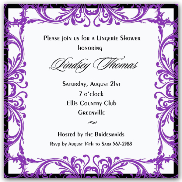Purple And Black Swirl Border Lingerie Shower Invitations   Paperstyle