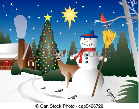 Vector   Snowman In Christmas Scene   Stock Illustration Royalty Free