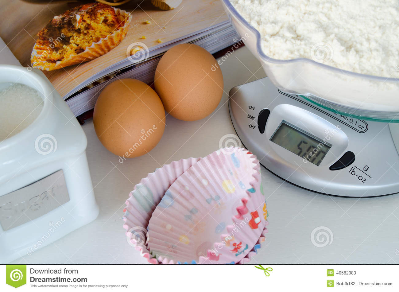 Weighing Scale With Baking Ingredients  Flour Sugar Eggs